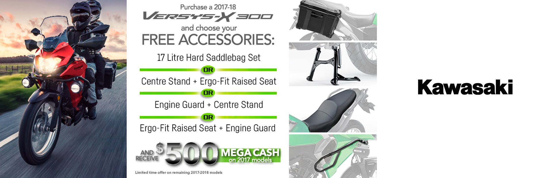 Kawasaki: Versys-X 300 Accessory AND 500 Megacash Promotion